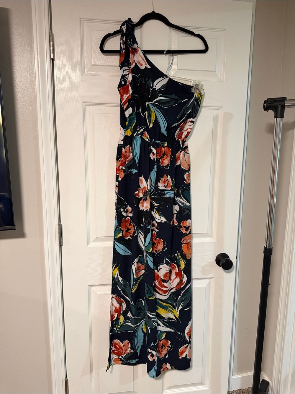 One-Shoulder Navy Floral Maxi Dress